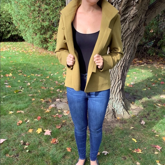 Olive green wool blend Fall coat - Picture 2 of 8